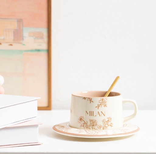 Milan Style Ceramic Coffee Cup & Saucer – Thick Vintage Floral Tea Cup