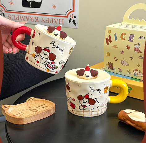 Cute Cartoon Dog Ceramic Coffee Mug with Lid – Creative Office Water Cup