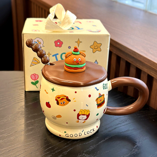 Cute Hamburger Animal Ceramic Mug with Lid and Spoon