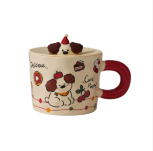 Cute Cartoon Dog Ceramic Coffee Mug with Lid – Creative Office Water Cup