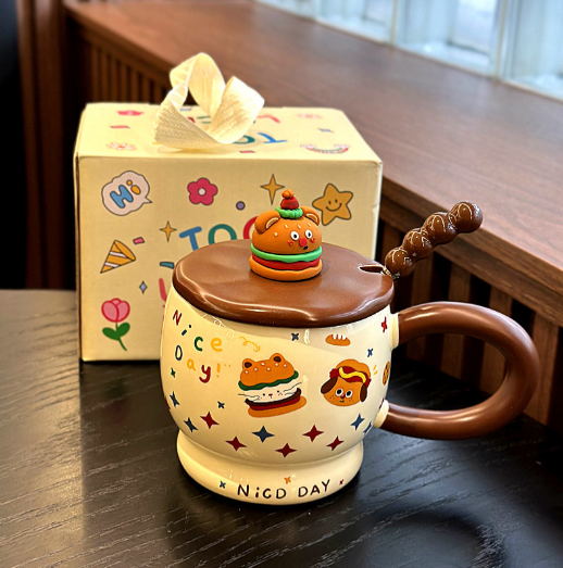 Cute Hamburger Animal Ceramic Mug with Lid and Spoon