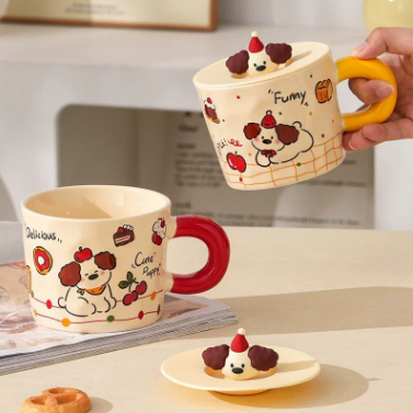 Cute Cartoon Dog Ceramic Coffee Mug with Lid – Creative Office Water Cup