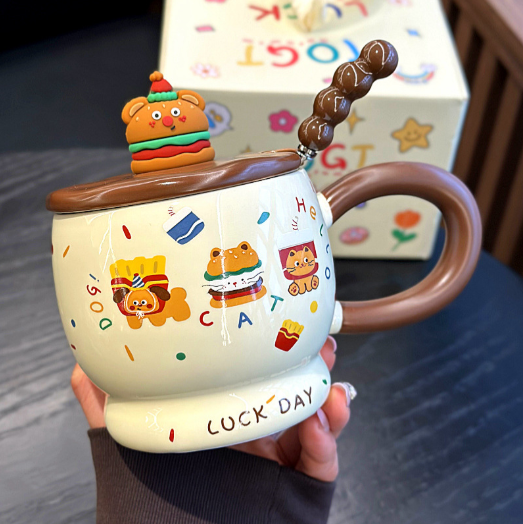 Cute Hamburger Animal Ceramic Mug with Lid and Spoon